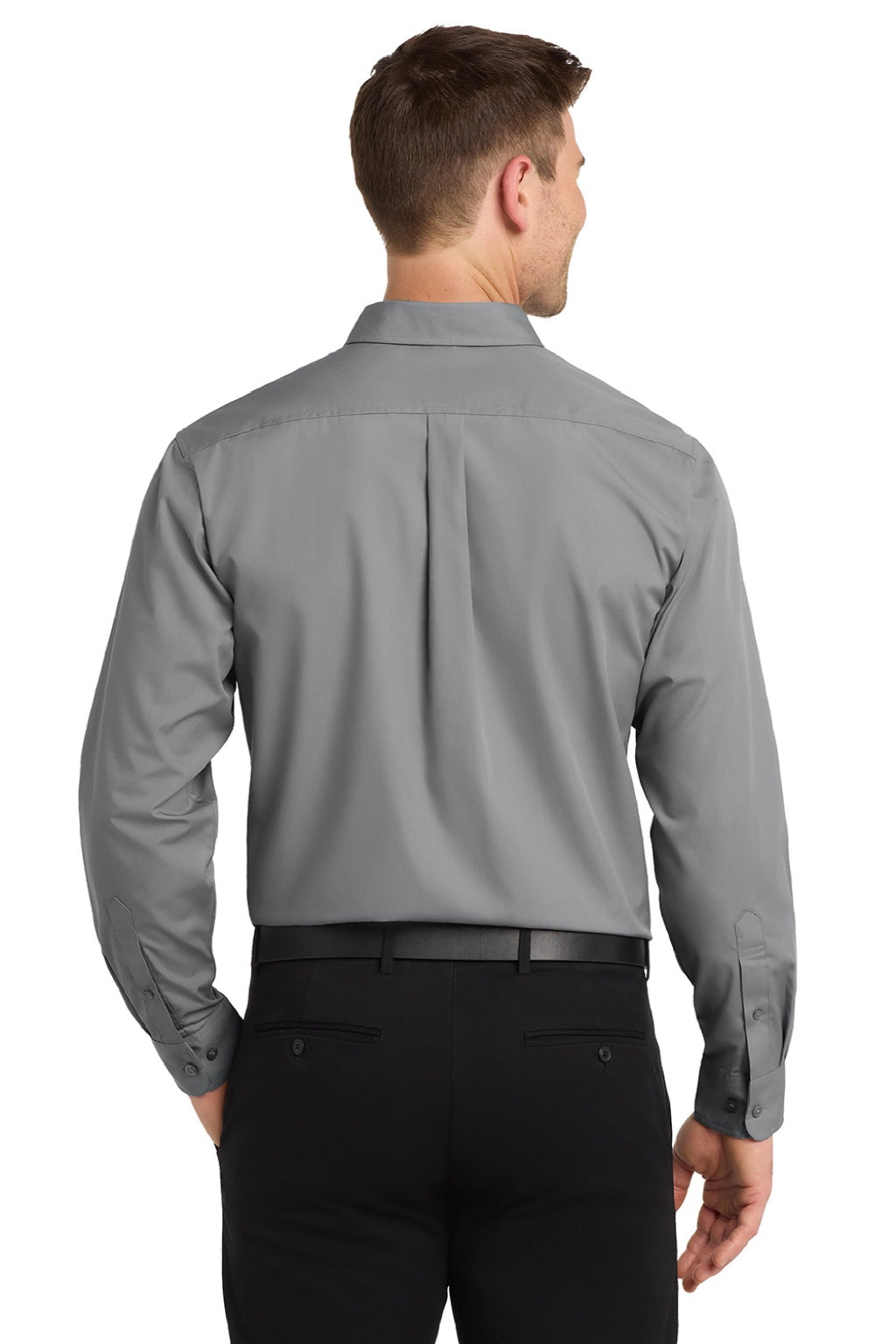 Port Authority W100/TW100 Mens Carefree Stain Resistant Long Sleeve Button Down Shirt w/ Pocket Gusty Grey Model Back