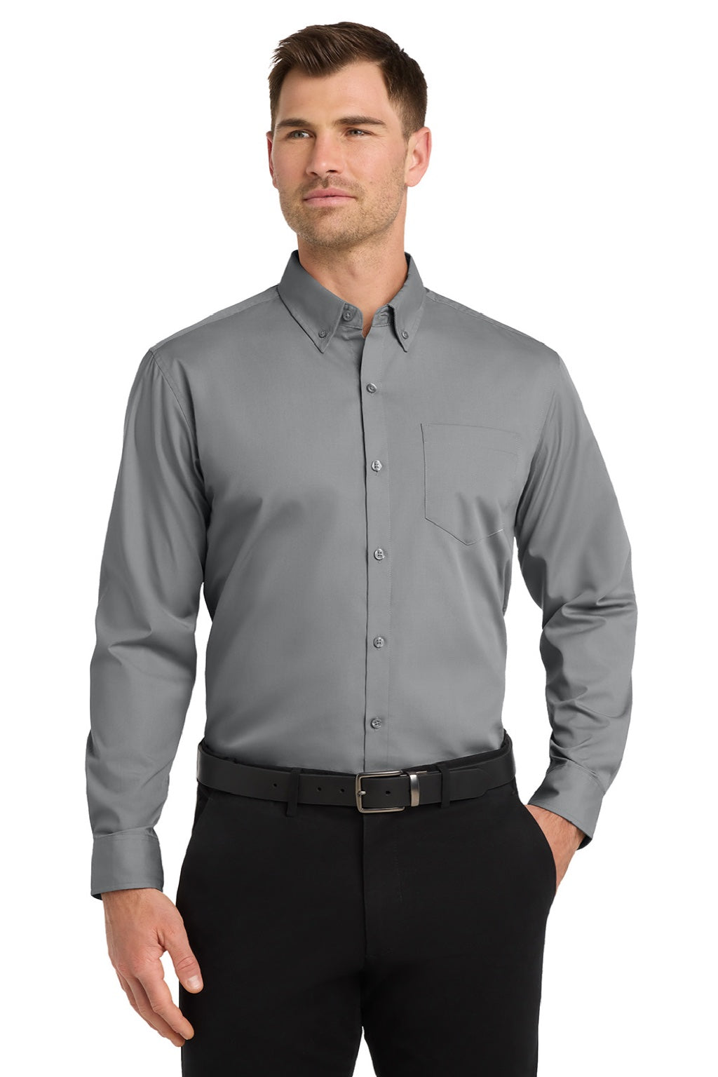 Port Authority W100/TW100 Mens Carefree Stain Resistant Long Sleeve Button Down Shirt w/ Pocket Gusty Grey Model Front