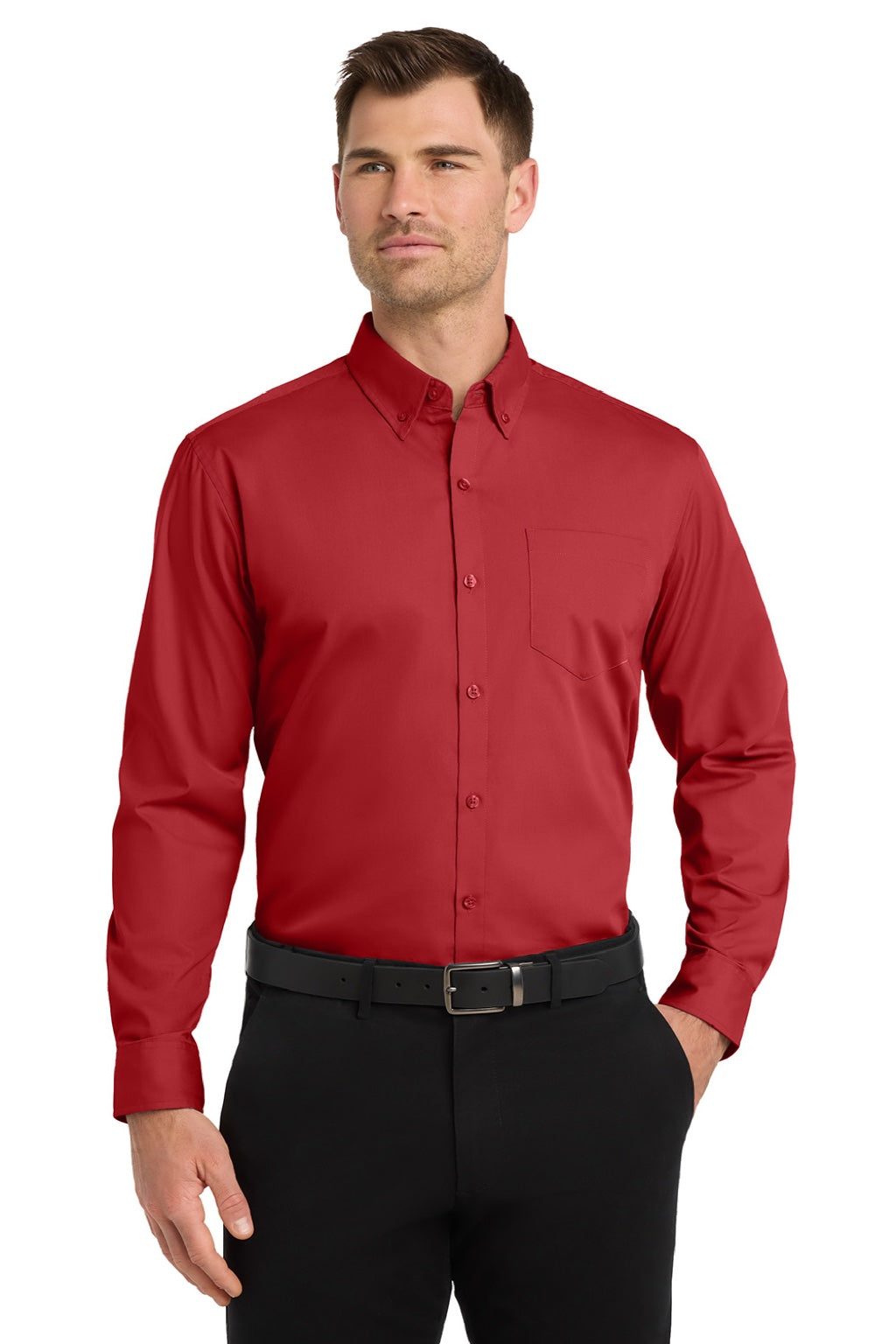 Port Authority W100/TW100 Mens Carefree Stain Resistant Long Sleeve Button Down Shirt w/ Pocket Rich Red Model Front