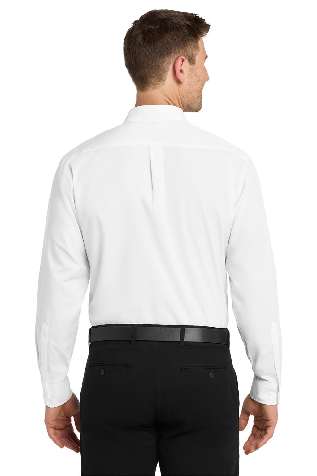 Port Authority W100/TW100 Mens Carefree Stain Resistant Long Sleeve Button Down Shirt w/ Pocket White Model Back