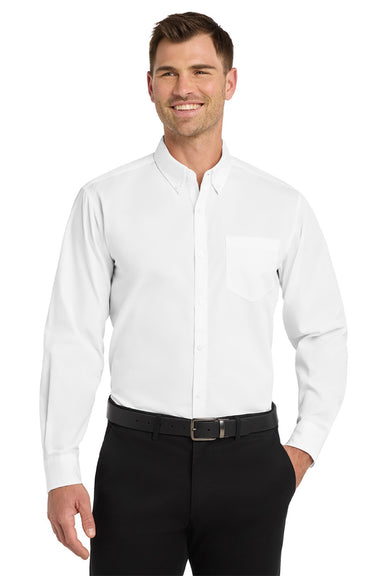 Port Authority W100/TW100 Mens Carefree Stain Resistant Long Sleeve Button Down Shirt w/ Pocket White Model Front