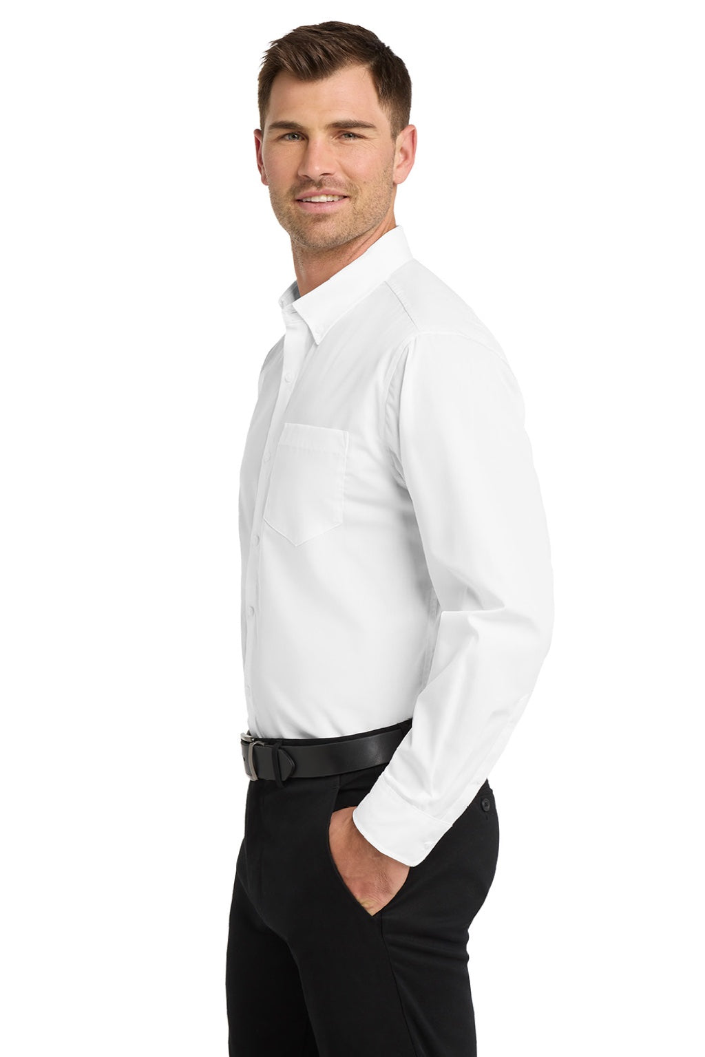 Port Authority W100/TW100 Mens Carefree Stain Resistant Long Sleeve Button Down Shirt w/ Pocket White Model Side