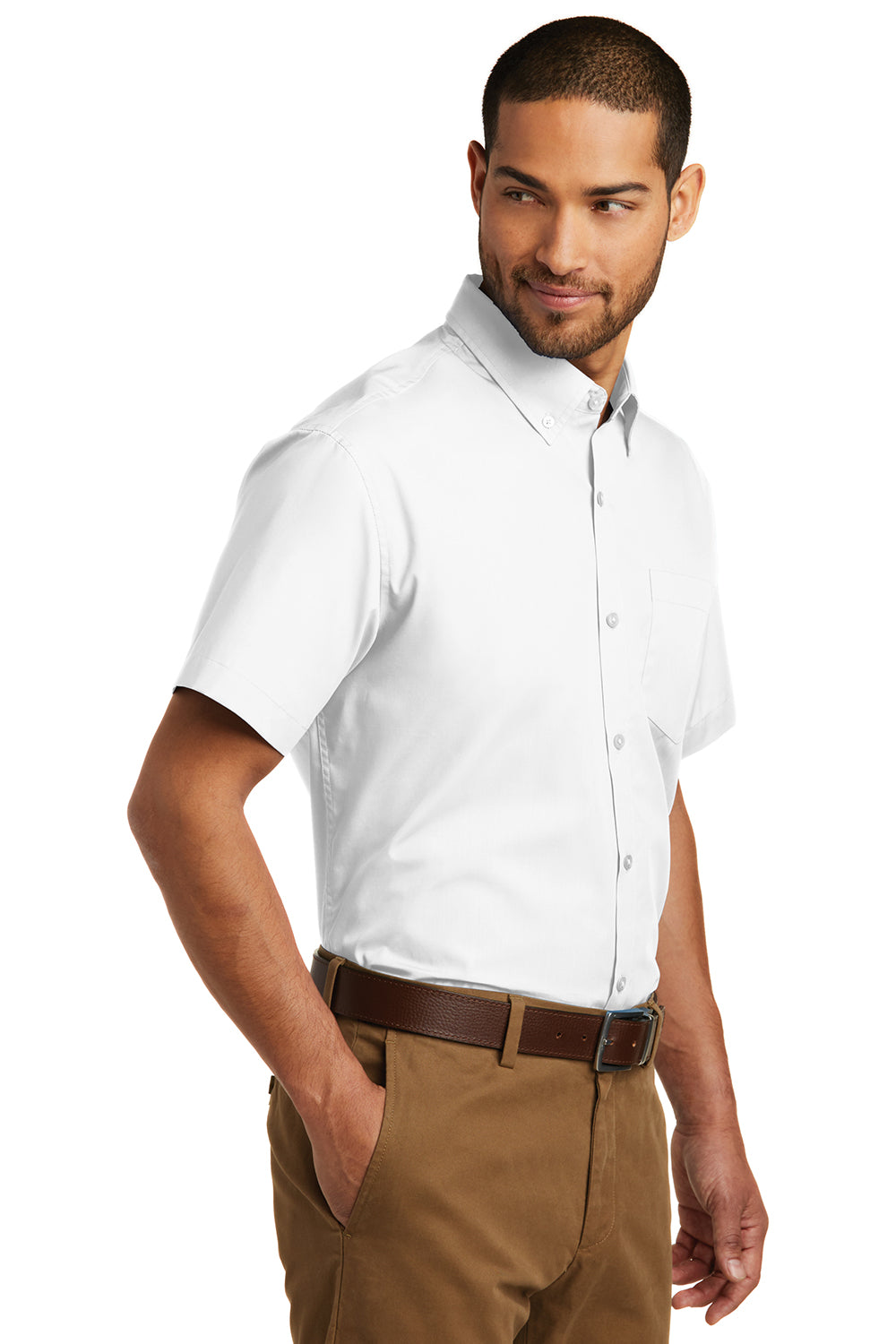 Port Authority W101 Mens Carefree Stain Resistant Short Sleeve Button Down Shirt w/ Pocket White Model 3q
