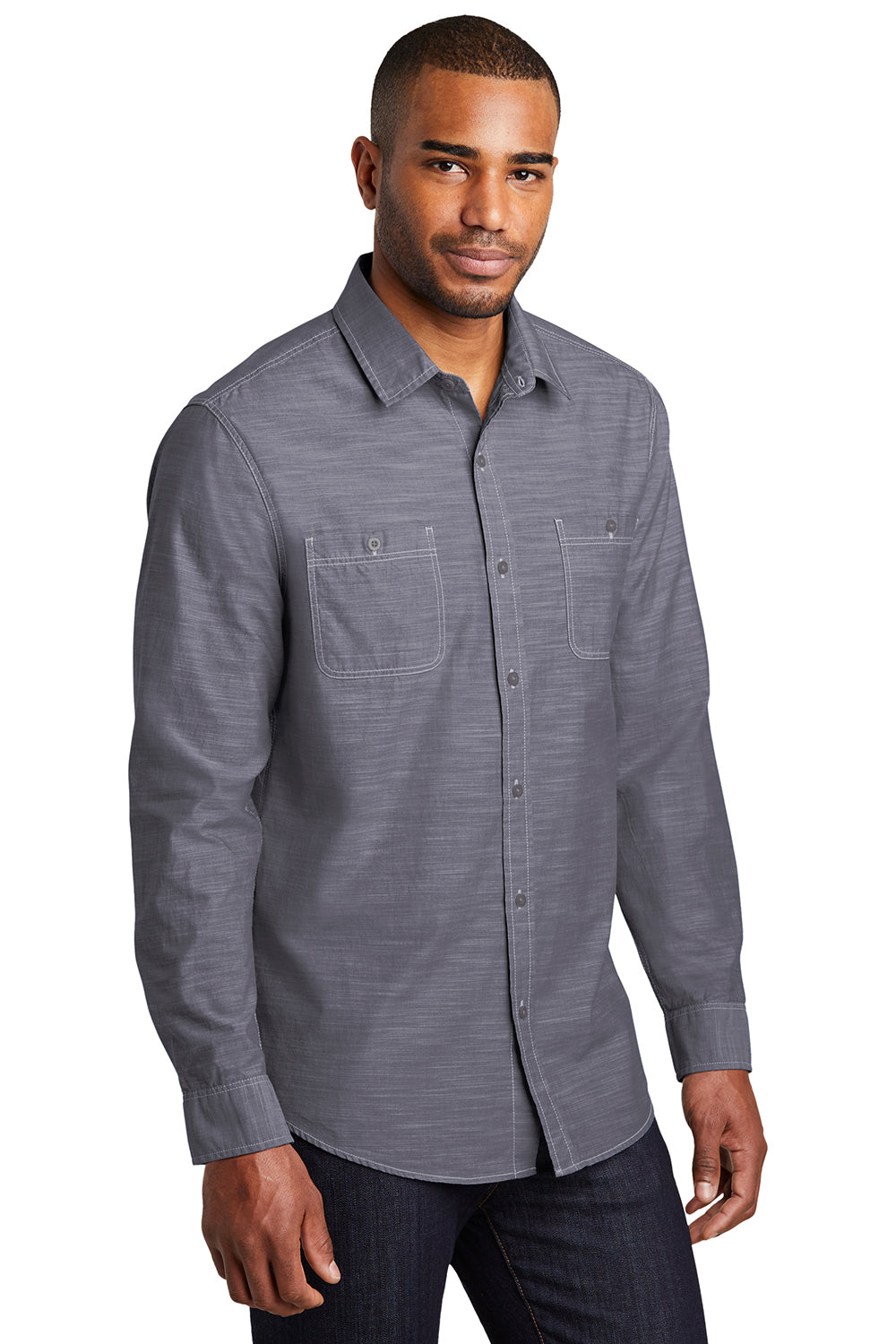 Port Authority W380 Mens Slub Chambray Long Sleeve Button Down Shirt w/ Double Pockets True Navy Blue Model 3q