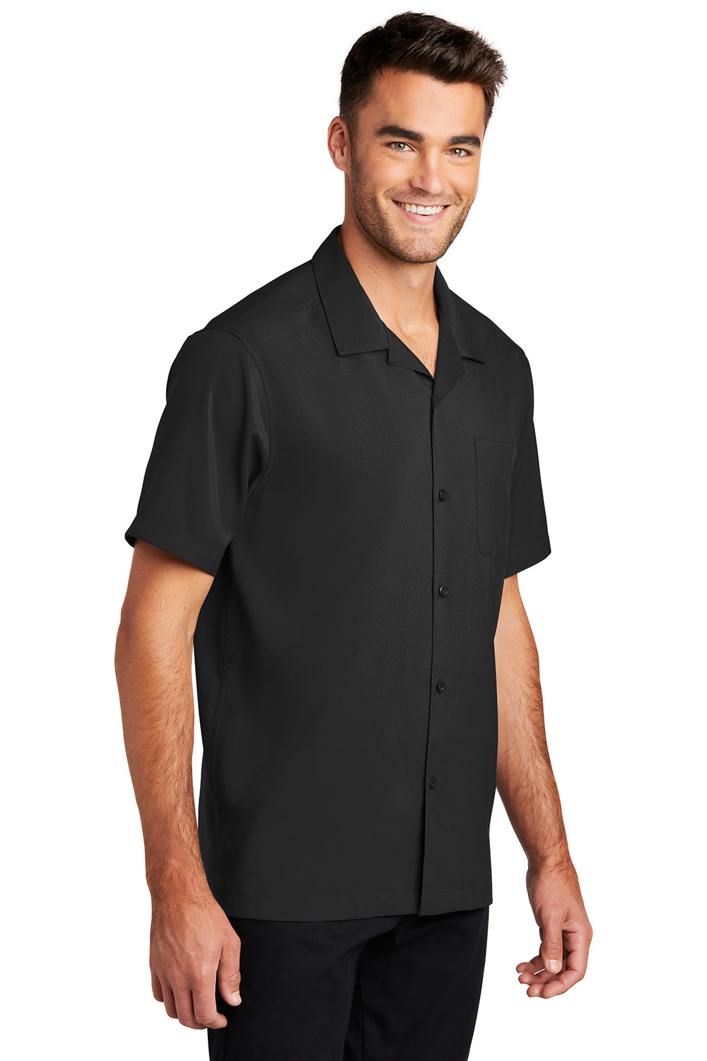 Port Authority W400 Mens Performance Moisture Wicking Short Sleeve Button Down Camp Shirt w/ Pocket Black Model 3q