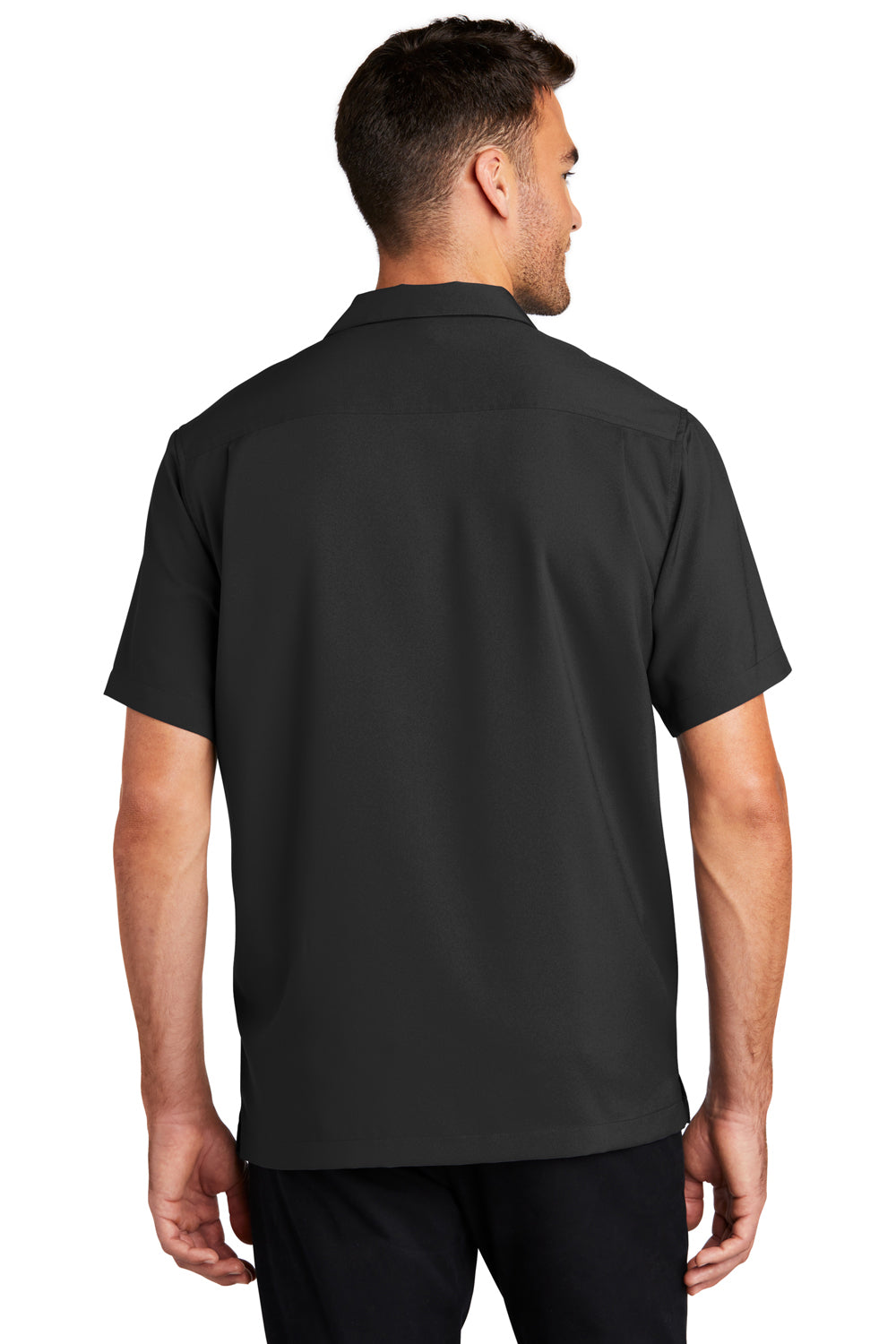 Port Authority W400 Mens Performance Moisture Wicking Short Sleeve Button Down Camp Shirt w/ Pocket Black Model Back