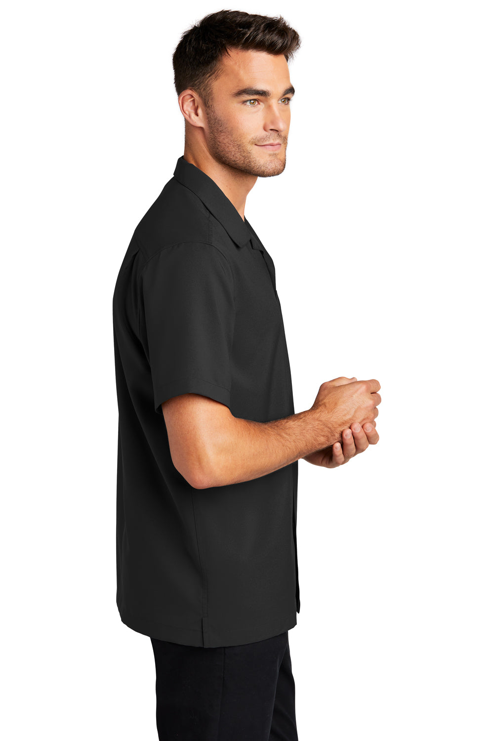 Port Authority W400 Mens Performance Moisture Wicking Short Sleeve Button Down Camp Shirt w/ Pocket Black Model Side