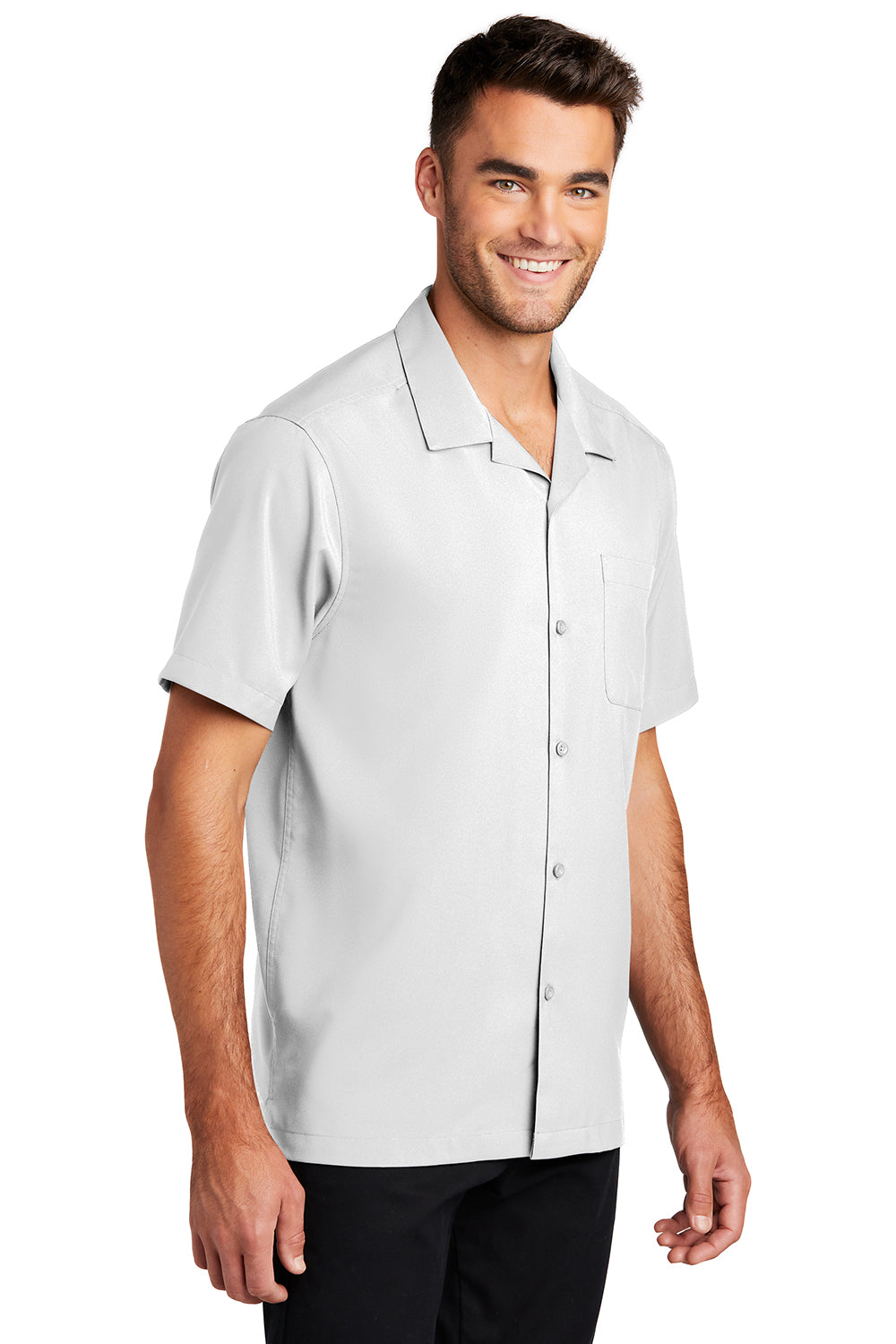 Port Authority W400 Mens Performance Moisture Wicking Short Sleeve Button Down Camp Shirt w/ Pocket White Model 3q