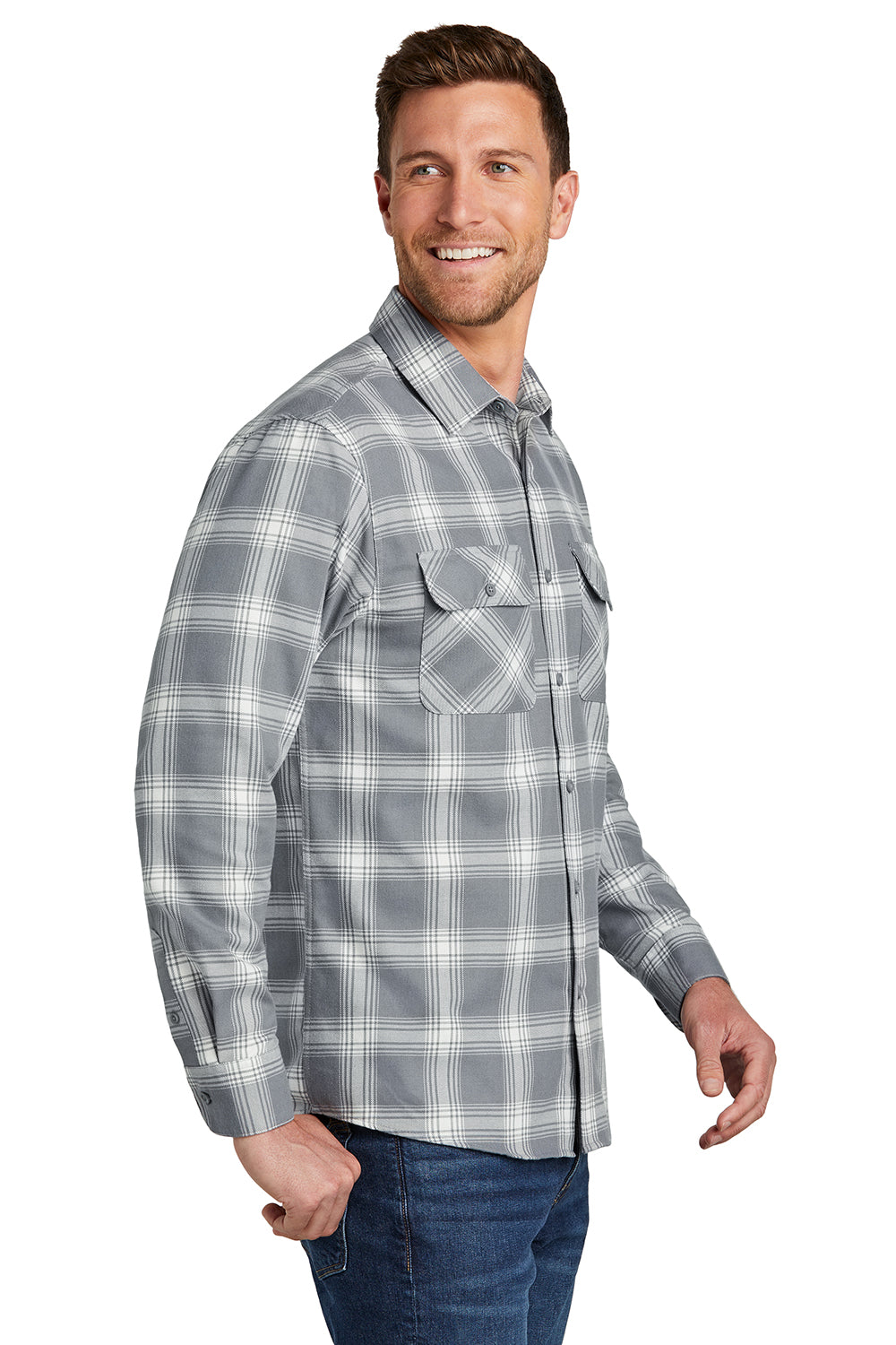 Port Authority W668 Mens Flannel Long Sleeve Button Down Shirt w/ Double Pockets Grey/Cream Plaid Model Side