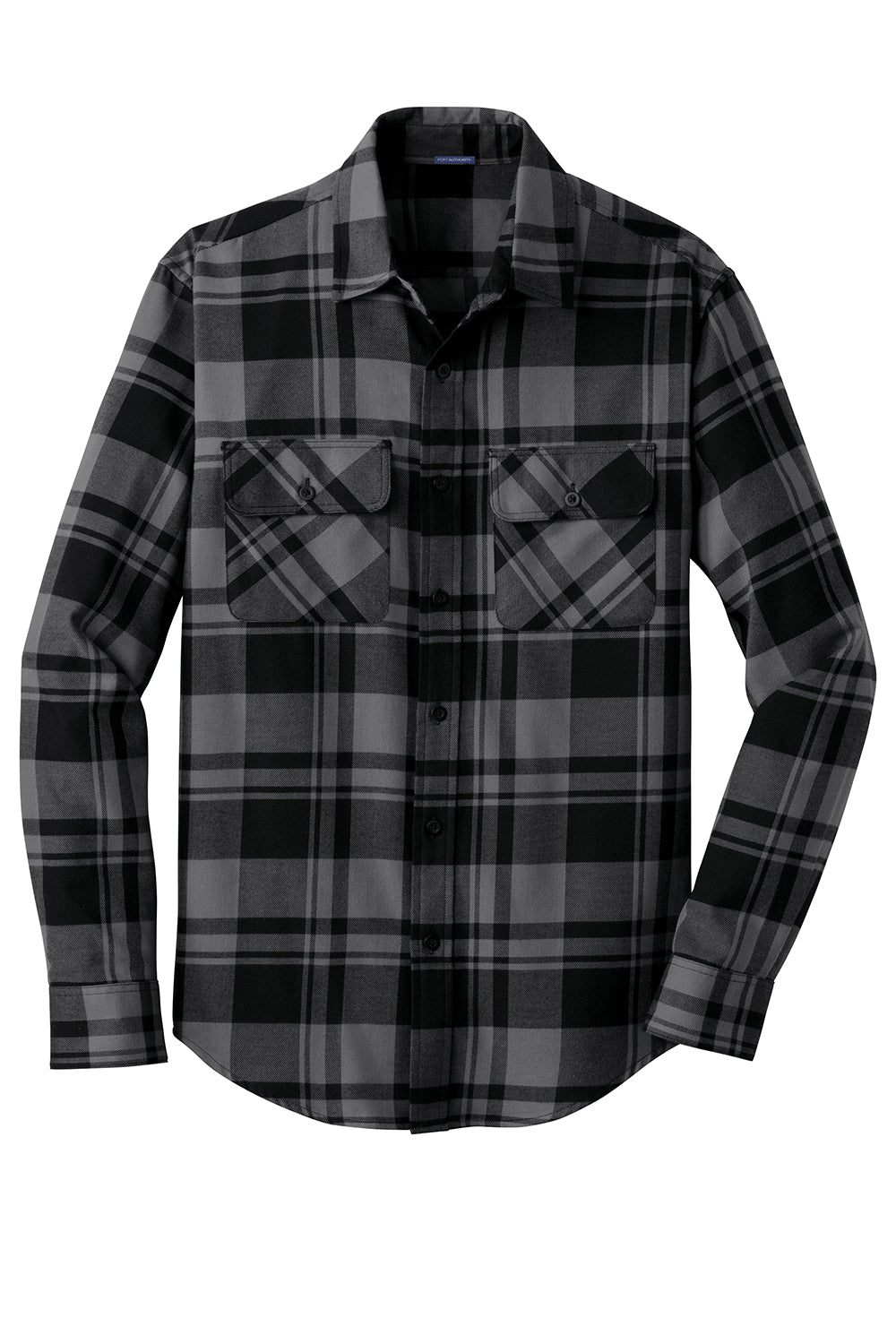 Port Authority W668 Mens Flannel Long Sleeve Button Down Shirt w/ Double Pockets Grey/Black Flat Front