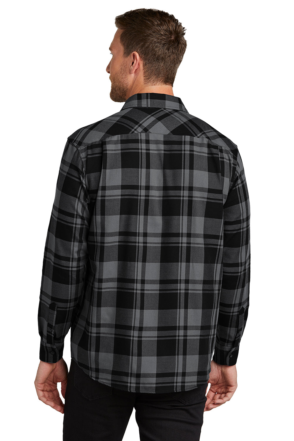 Port Authority W668 Mens Flannel Long Sleeve Button Down Shirt w/ Double Pockets Grey/Black Model Back