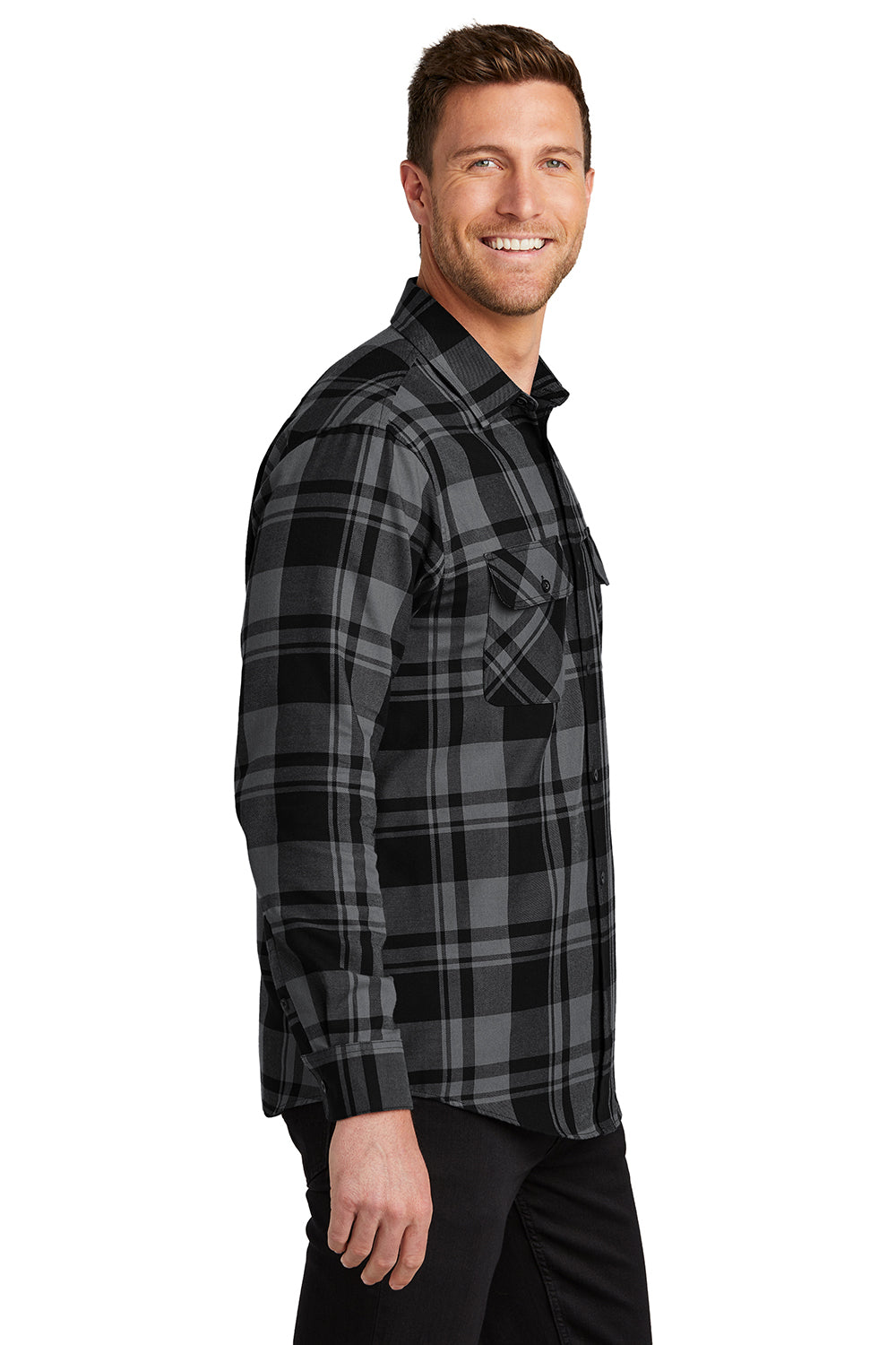 Port Authority W668 Mens Flannel Long Sleeve Button Down Shirt w/ Double Pockets Grey/Black Model Side