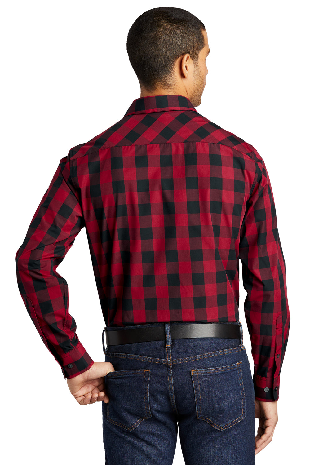 Port Authority W670 Mens Everyday Plaid Long Sleeve Button Down Shirt Rich Red Model Back