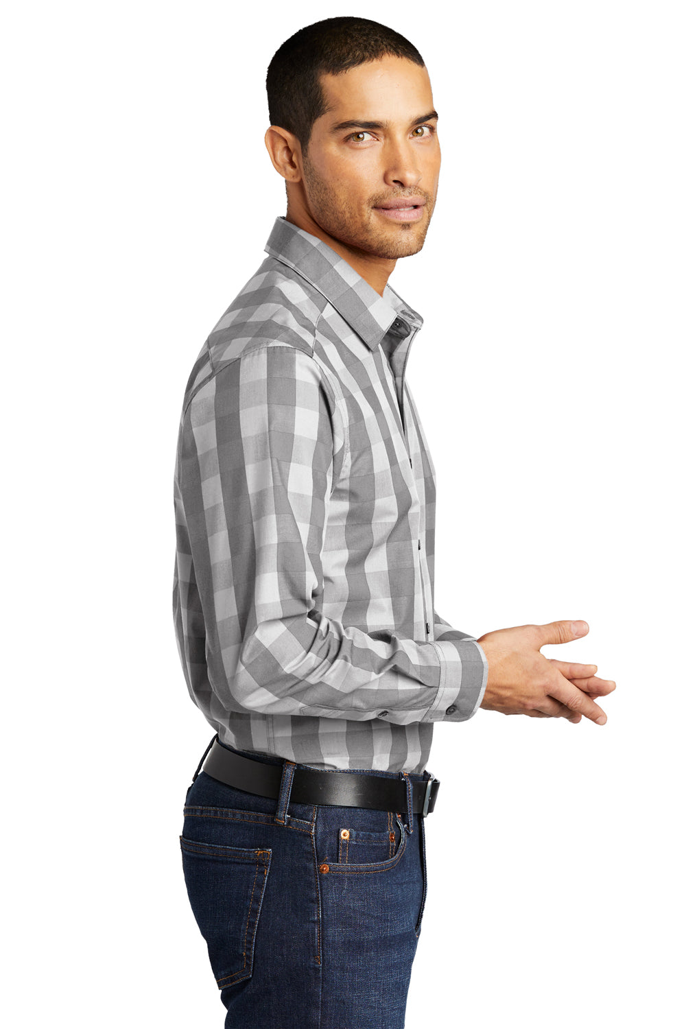 Port Authority W670 Mens Everyday Plaid Long Sleeve Button Down Shirt Shadow Grey Model Side