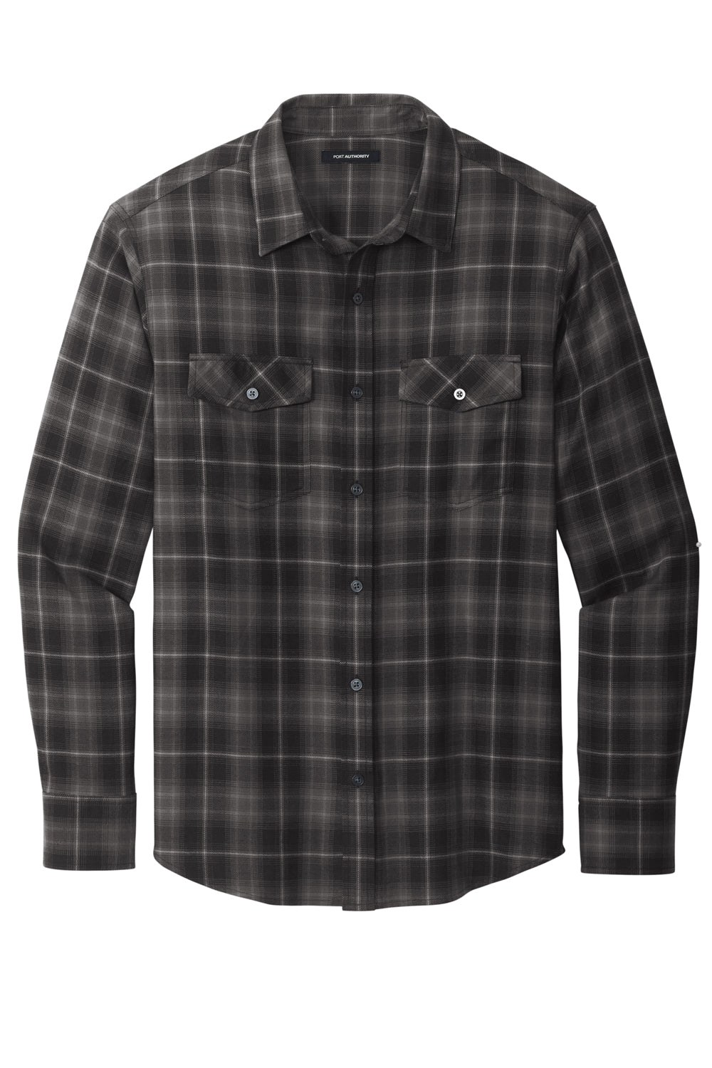 Port Authority W672 Mens Ombre Plaid Long Sleeve Button Down Shirt w/ Double Pockets Deep Black Flat Front