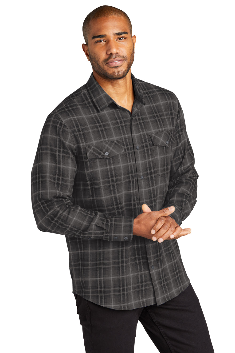 Port Authority W672 Mens Ombre Plaid Long Sleeve Button Down Shirt w/ Double Pockets Deep Black Model 3q