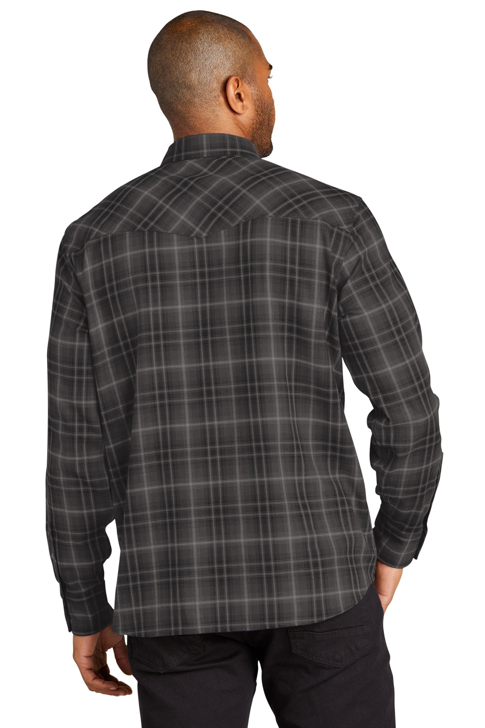 Port Authority W672 Mens Ombre Plaid Long Sleeve Button Down Shirt w/ Double Pockets Deep Black Model Back