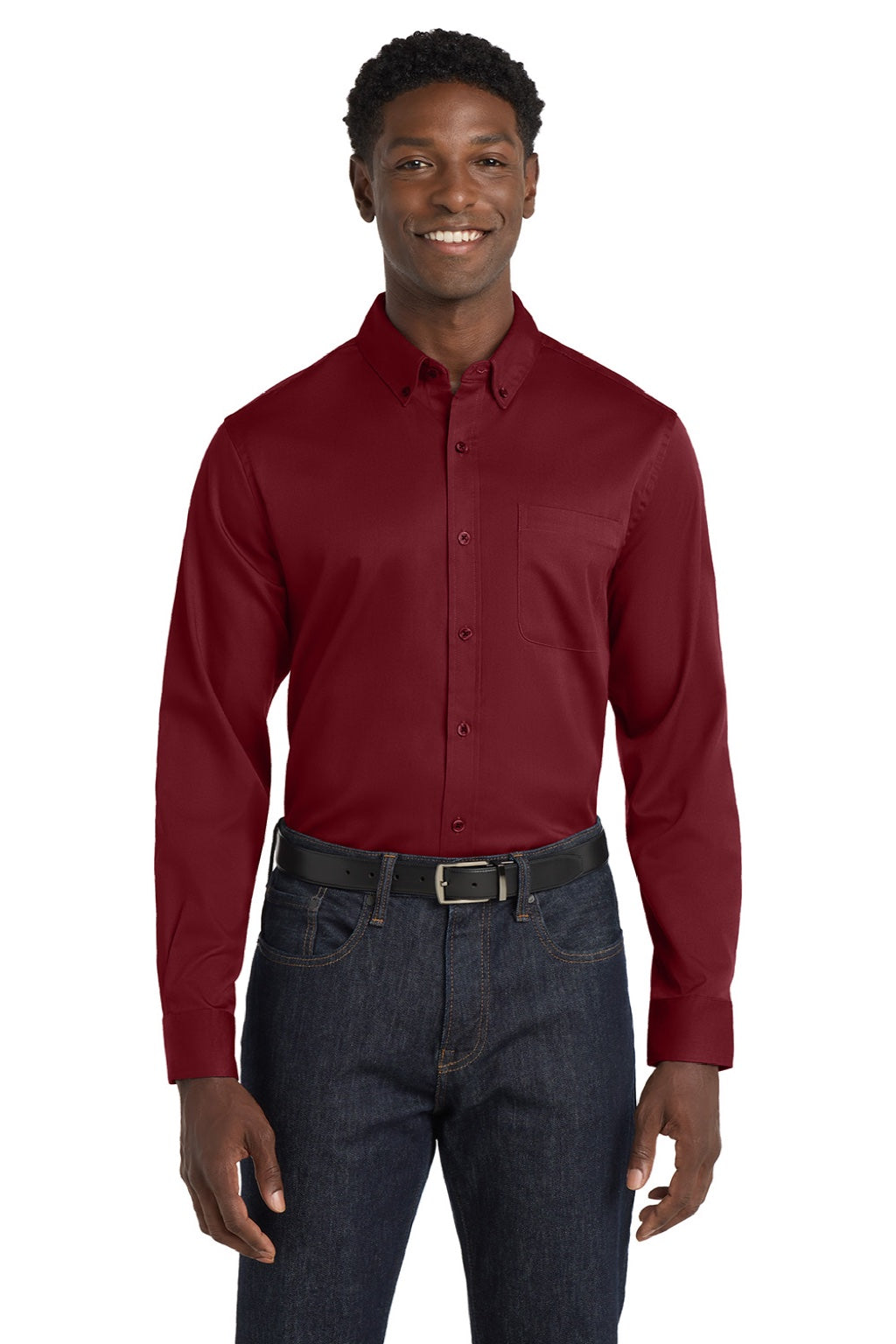 Port Authority W808 Mens SuperPro Wrinkle Resistant React Long Sleeve Button Down Shirt w/ Pocket Burgundy Model Front