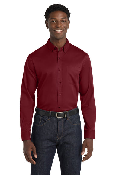 Port Authority W808 Mens SuperPro Wrinkle Resistant React Long Sleeve Button Down Shirt w/ Pocket Burgundy Model Front