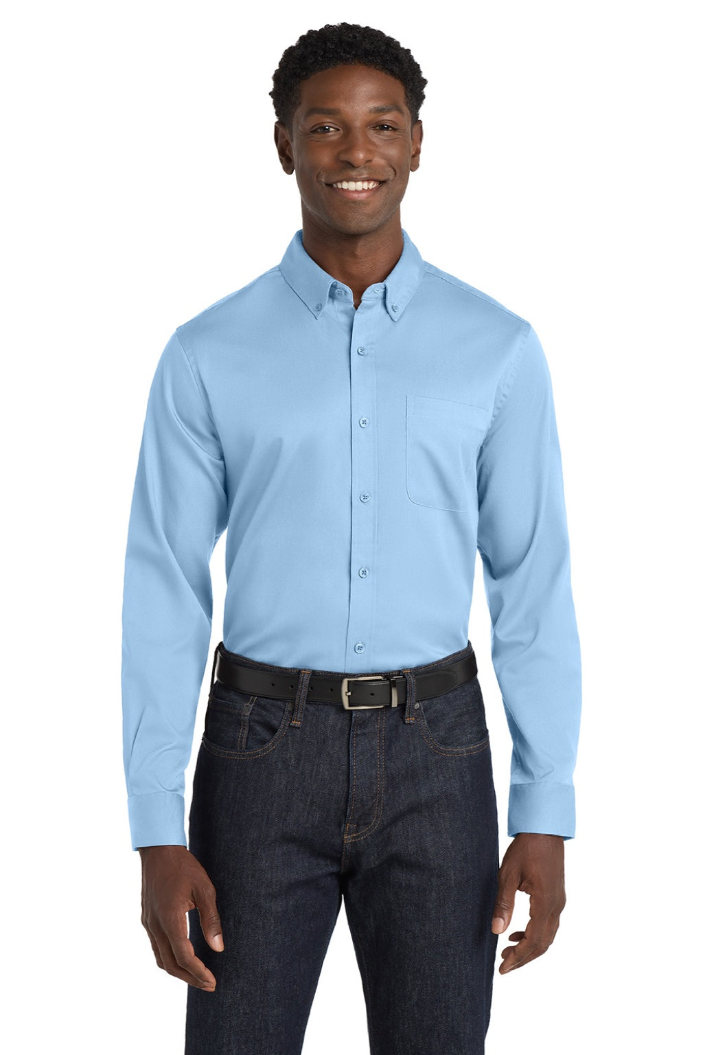 Port Authority W808 Mens SuperPro Wrinkle Resistant React Long Sleeve Button Down Shirt w/ Pocket Cloud Blue Model Front