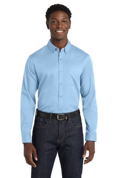 Port Authority W808 Mens SuperPro Wrinkle Resistant React Long Sleeve Button Down Shirt w/ Pocket Cloud Blue Model Front