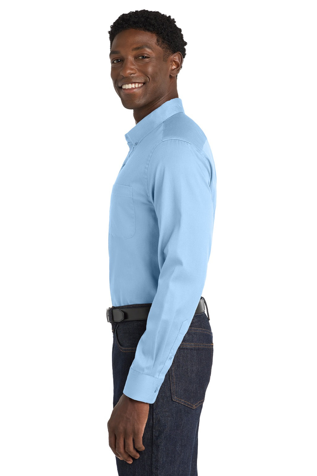 Port Authority W808 Mens SuperPro Wrinkle Resistant React Long Sleeve Button Down Shirt w/ Pocket Cloud Blue Model Side