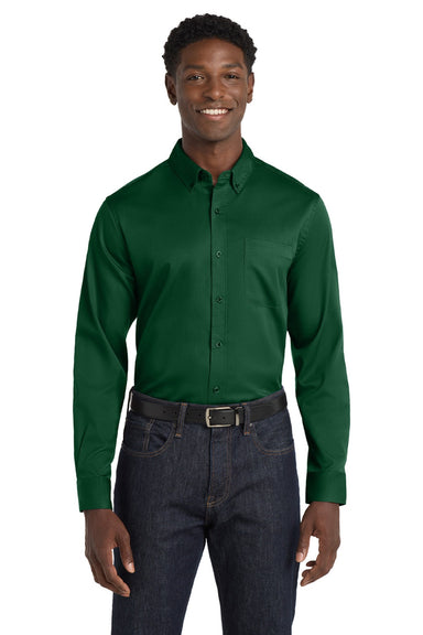 Port Authority W808 Mens SuperPro Wrinkle Resistant React Long Sleeve Button Down Shirt w/ Pocket Dark Green Model Front