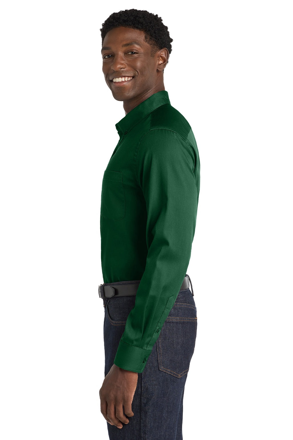 Port Authority W808 Mens SuperPro Wrinkle Resistant React Long Sleeve Button Down Shirt w/ Pocket Dark Green Model Side
