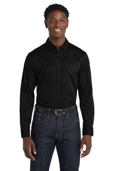 Port Authority W808 Mens SuperPro Wrinkle Resistant React Long Sleeve Button Down Shirt w/ Pocket Deep Black Model Front
