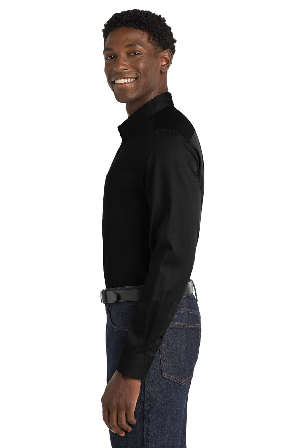 Port Authority W808 Mens SuperPro Wrinkle Resistant React Long Sleeve Button Down Shirt w/ Pocket Deep Black Model Side