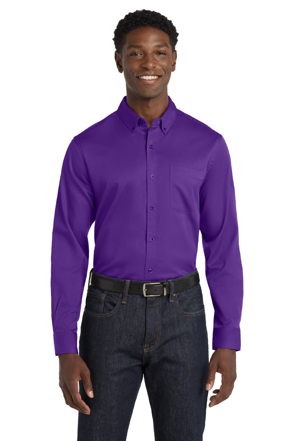 Port Authority W808 Mens SuperPro Wrinkle Resistant React Long Sleeve Button Down Shirt w/ Pocket Purple Model Front