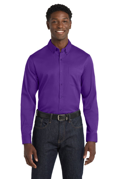 Port Authority W808 Mens SuperPro Wrinkle Resistant React Long Sleeve Button Down Shirt w/ Pocket Purple Model Front