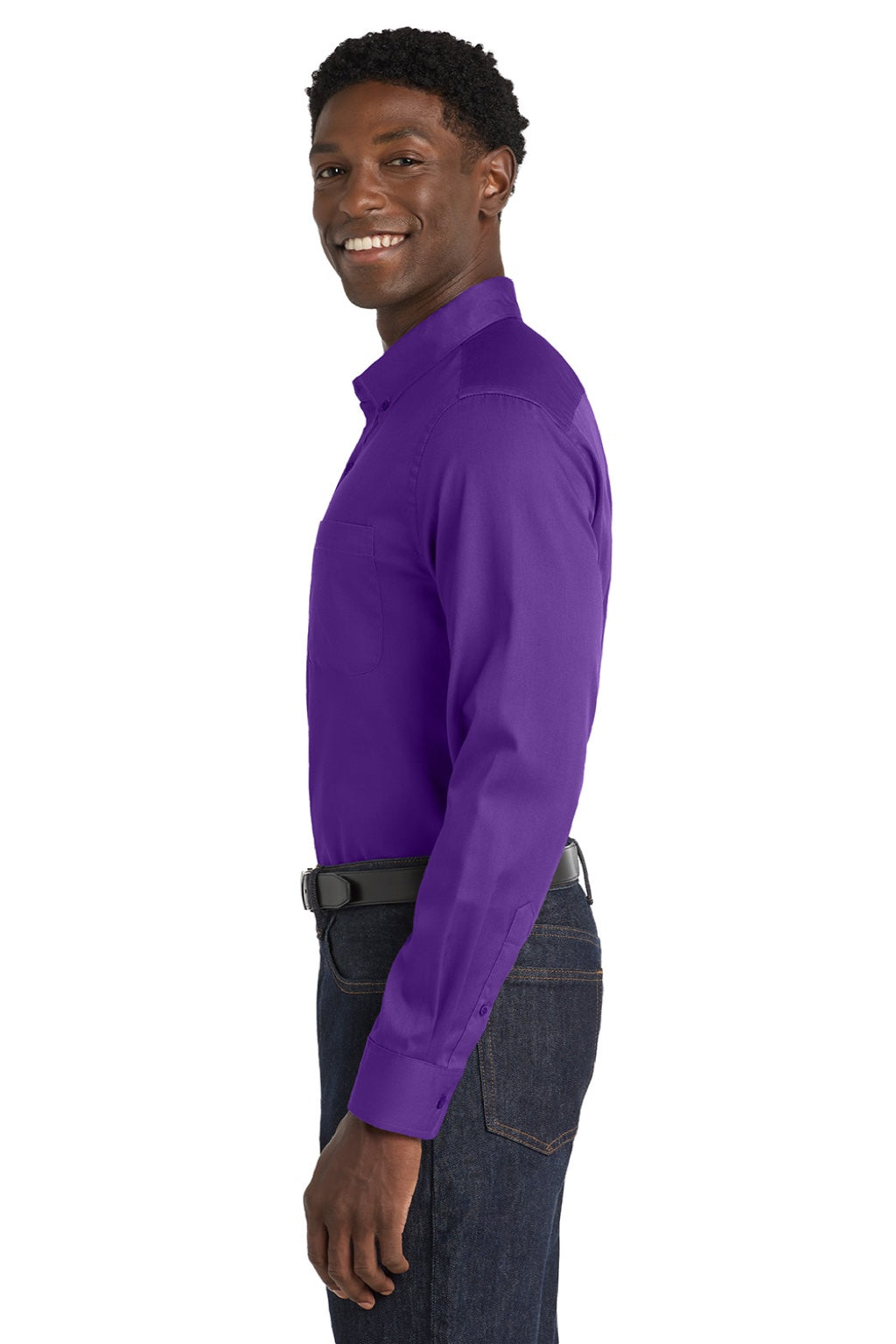 Port Authority W808 Mens SuperPro Wrinkle Resistant React Long Sleeve Button Down Shirt w/ Pocket Purple Model Side