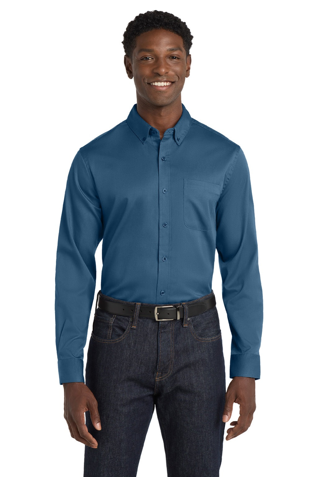 Port Authority W808 Mens SuperPro Wrinkle Resistant React Long Sleeve Button Down Shirt w/ Pocket Regatta Blue Model Front