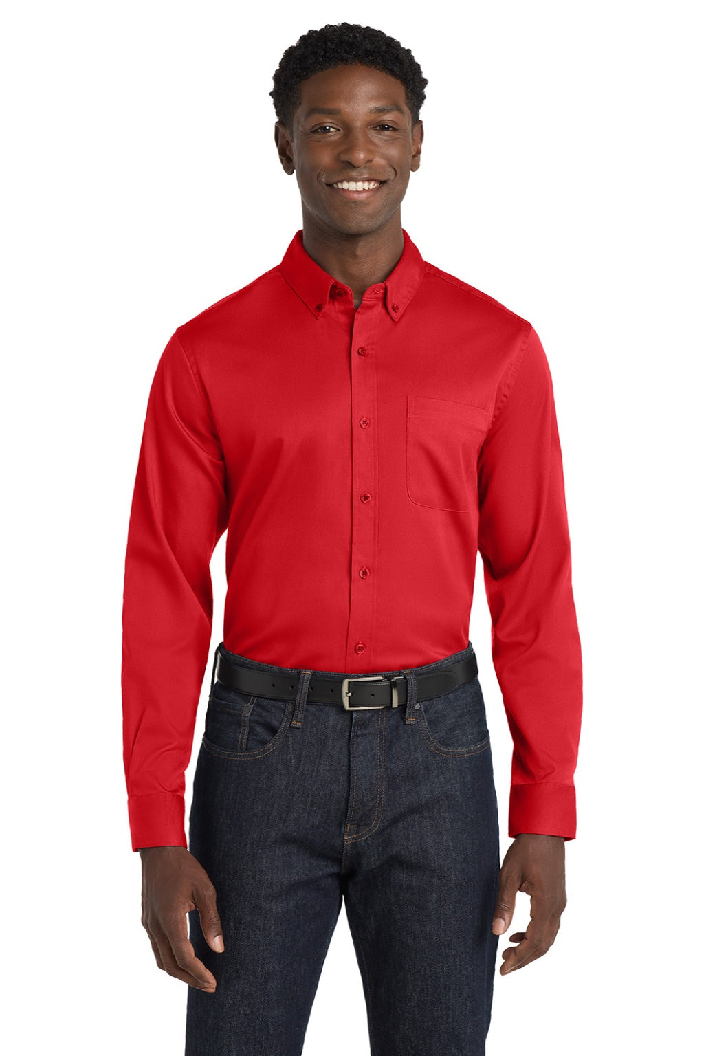 Port Authority W808 Mens SuperPro Wrinkle Resistant React Long Sleeve Button Down Shirt w/ Pocket Rich Red Model Front