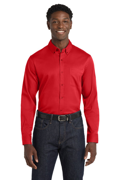 Port Authority W808 Mens SuperPro Wrinkle Resistant React Long Sleeve Button Down Shirt w/ Pocket Rich Red Model Front