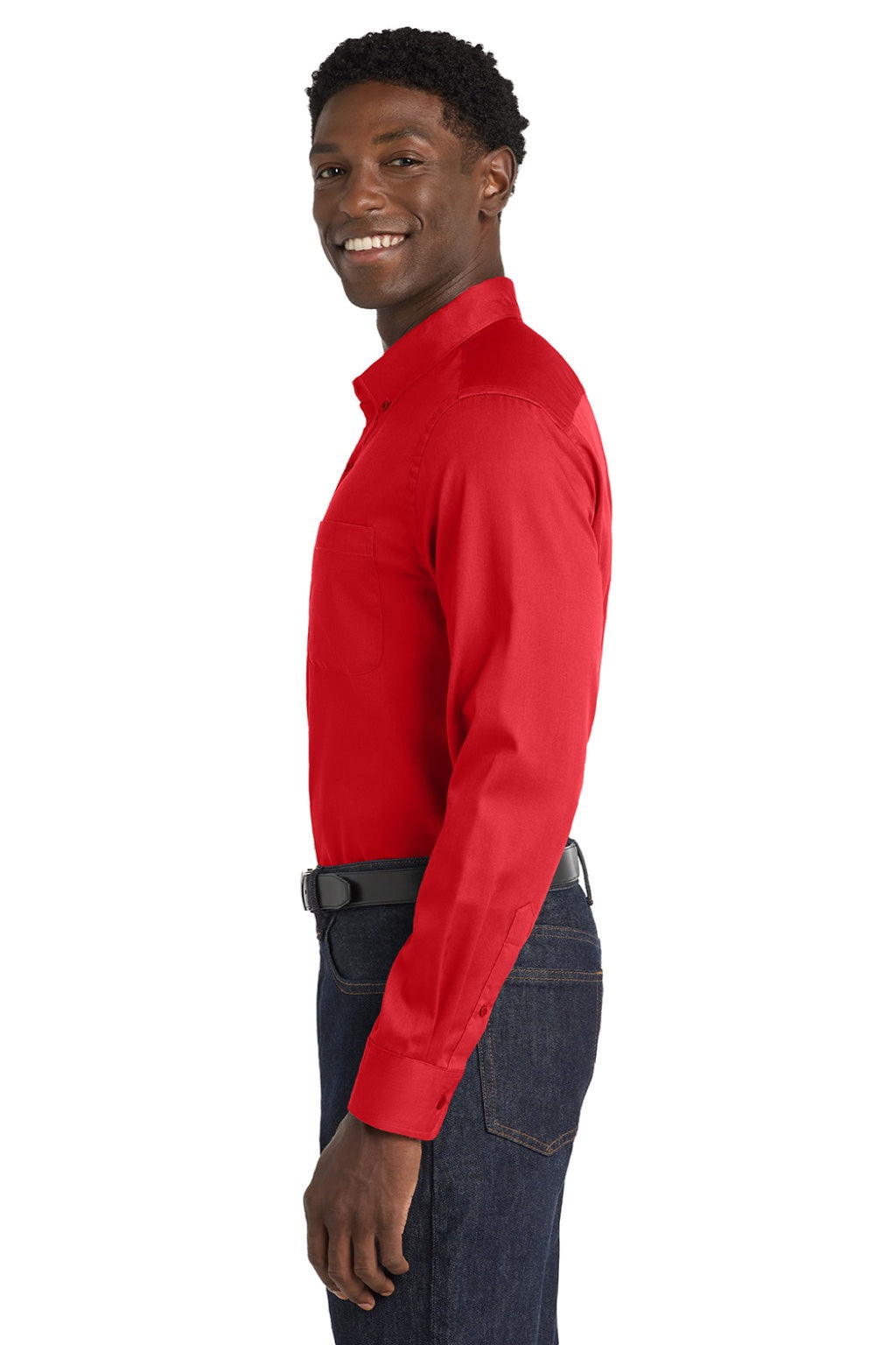 Port Authority W808 Mens SuperPro Wrinkle Resistant React Long Sleeve Button Down Shirt w/ Pocket Rich Red Model Side