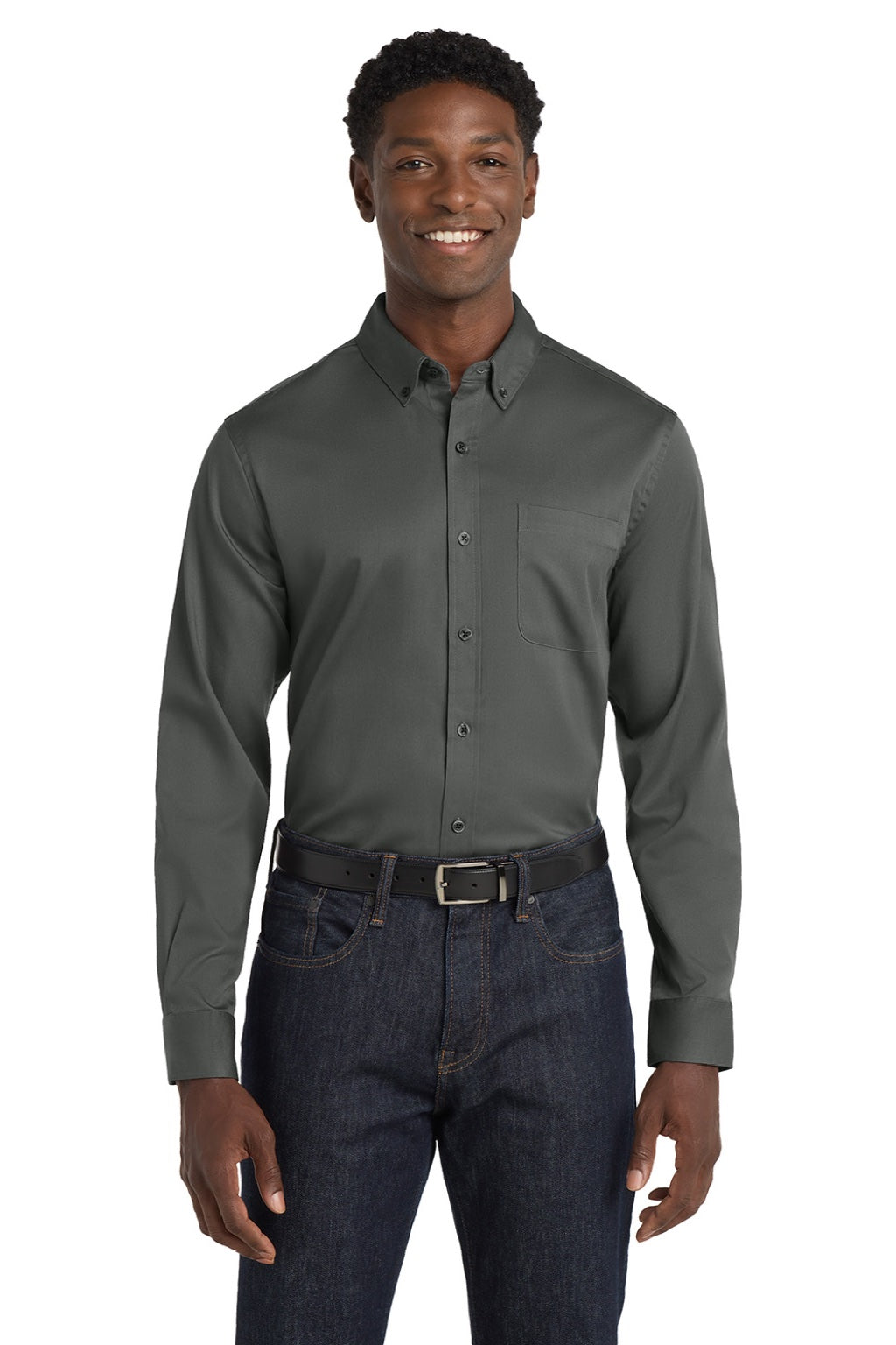 Port Authority W808 Mens SuperPro Wrinkle Resistant React Long Sleeve Button Down Shirt w/ Pocket Storm Grey Model Front