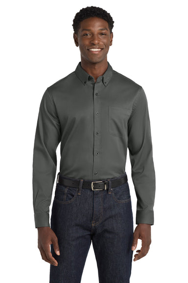 Port Authority W808 Mens SuperPro Wrinkle Resistant React Long Sleeve Button Down Shirt w/ Pocket Storm Grey Model Front