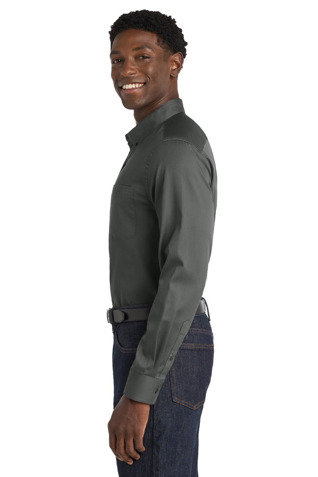 Port Authority W808 Mens SuperPro Wrinkle Resistant React Long Sleeve Button Down Shirt w/ Pocket Storm Grey Model Side