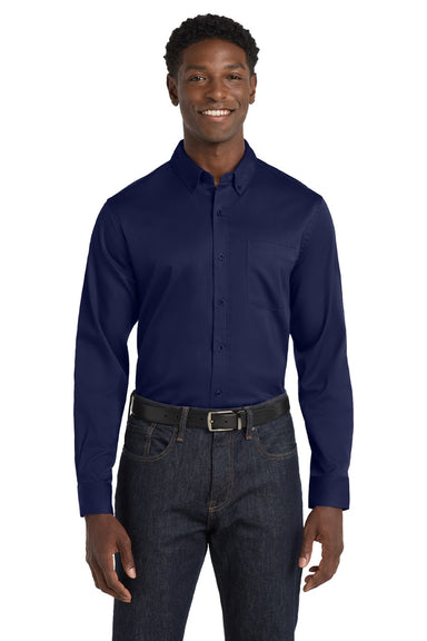 Port Authority W808 Mens SuperPro Wrinkle Resistant React Long Sleeve Button Down Shirt w/ Pocket True Navy Blue Model Front