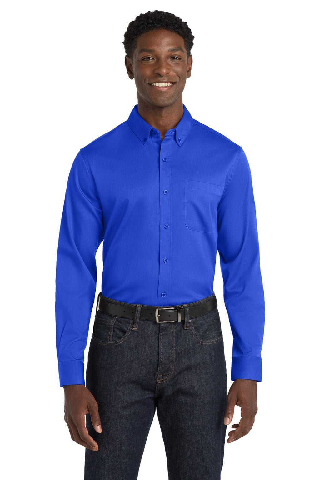 Port Authority W808 Mens SuperPro Wrinkle Resistant React Long Sleeve Button Down Shirt w/ Pocket True Royal Blue Model Front