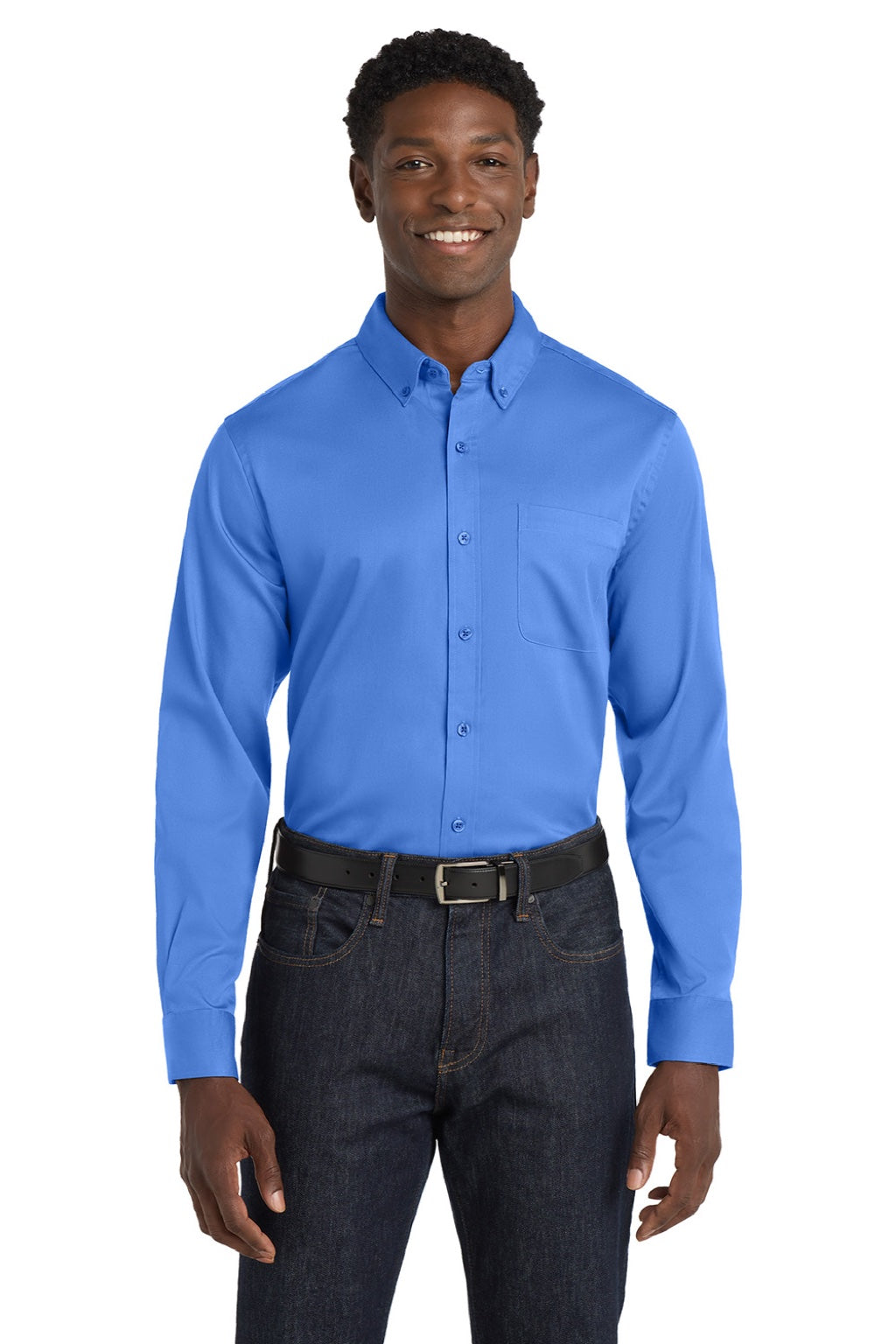 Port Authority W808 Mens SuperPro Wrinkle Resistant React Long Sleeve Button Down Shirt w/ Pocket Ultramarine Blue Model Front