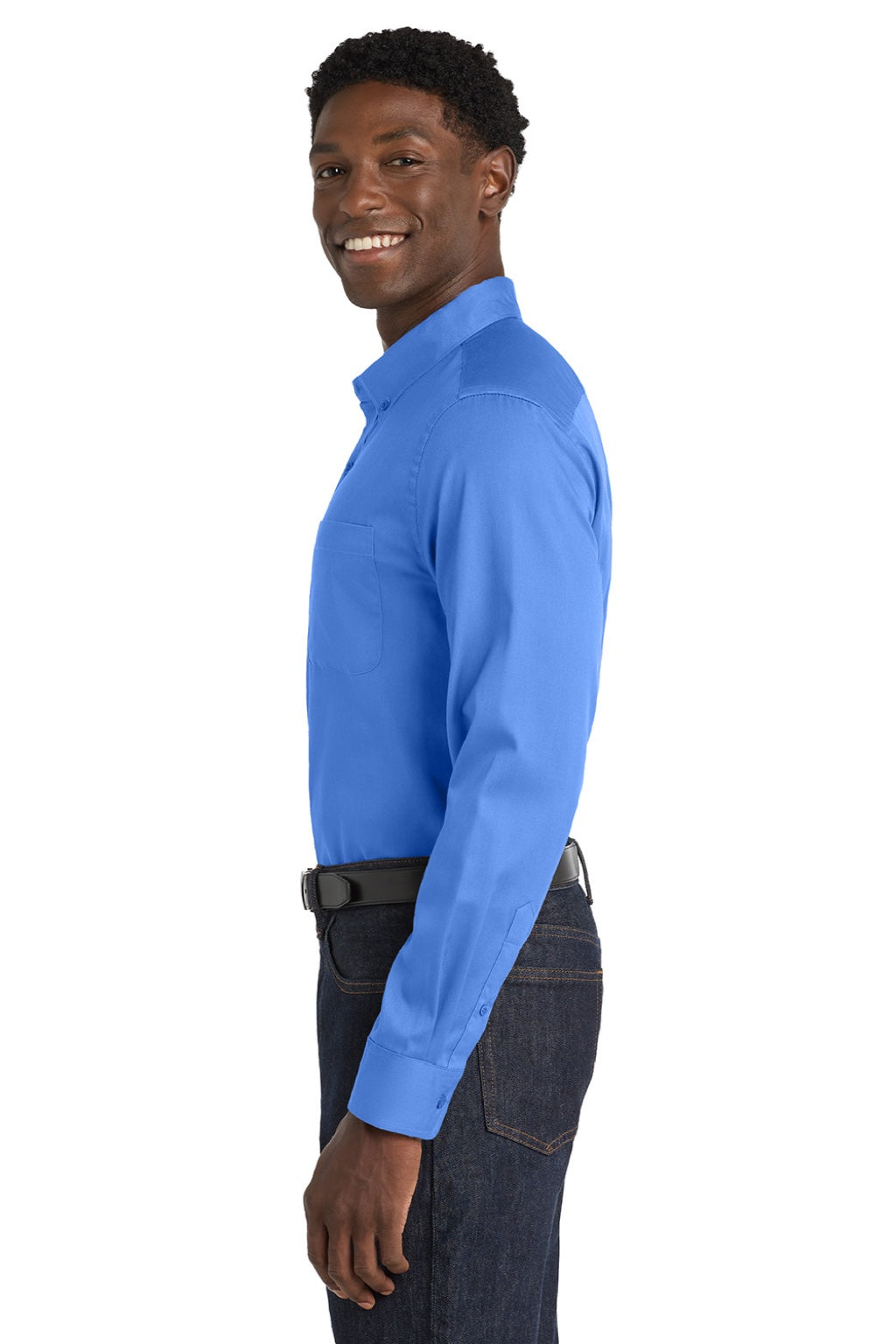 Port Authority W808 Mens SuperPro Wrinkle Resistant React Long Sleeve Button Down Shirt w/ Pocket Ultramarine Blue Model Side