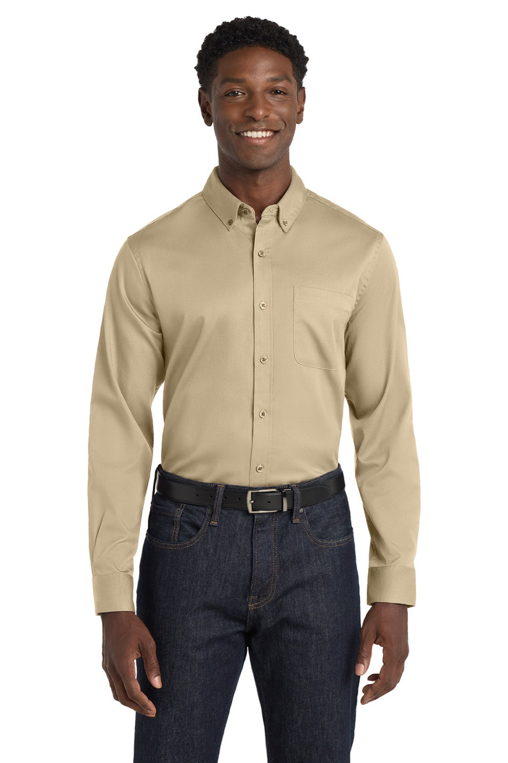 Port Authority W808 Mens SuperPro Wrinkle Resistant React Long Sleeve Button Down Shirt w/ Pocket Wheat Model Front