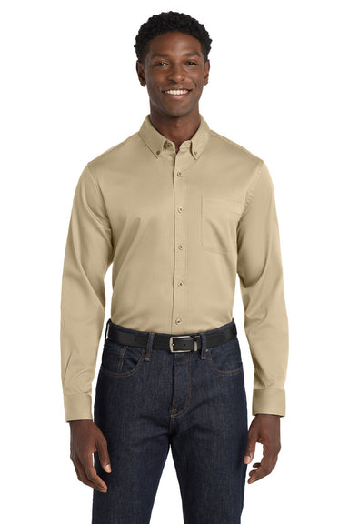 Port Authority W808 Mens SuperPro Wrinkle Resistant React Long Sleeve Button Down Shirt w/ Pocket Wheat Model Front