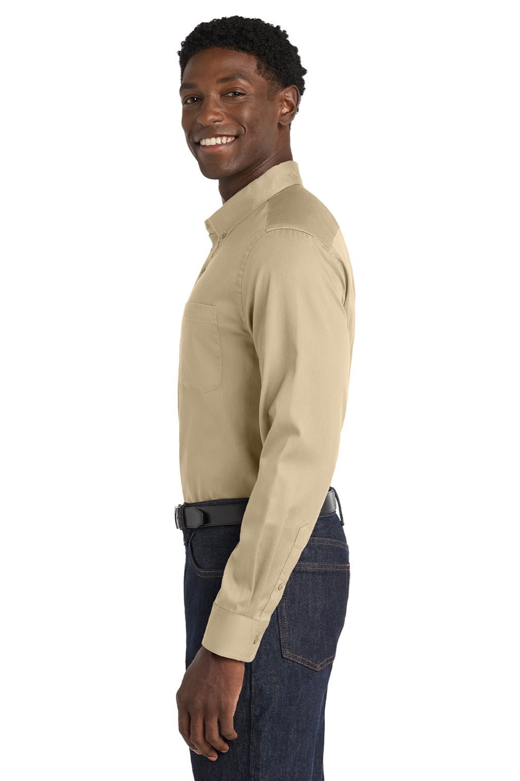 Port Authority W808 Mens SuperPro Wrinkle Resistant React Long Sleeve Button Down Shirt w/ Pocket Wheat Model Side