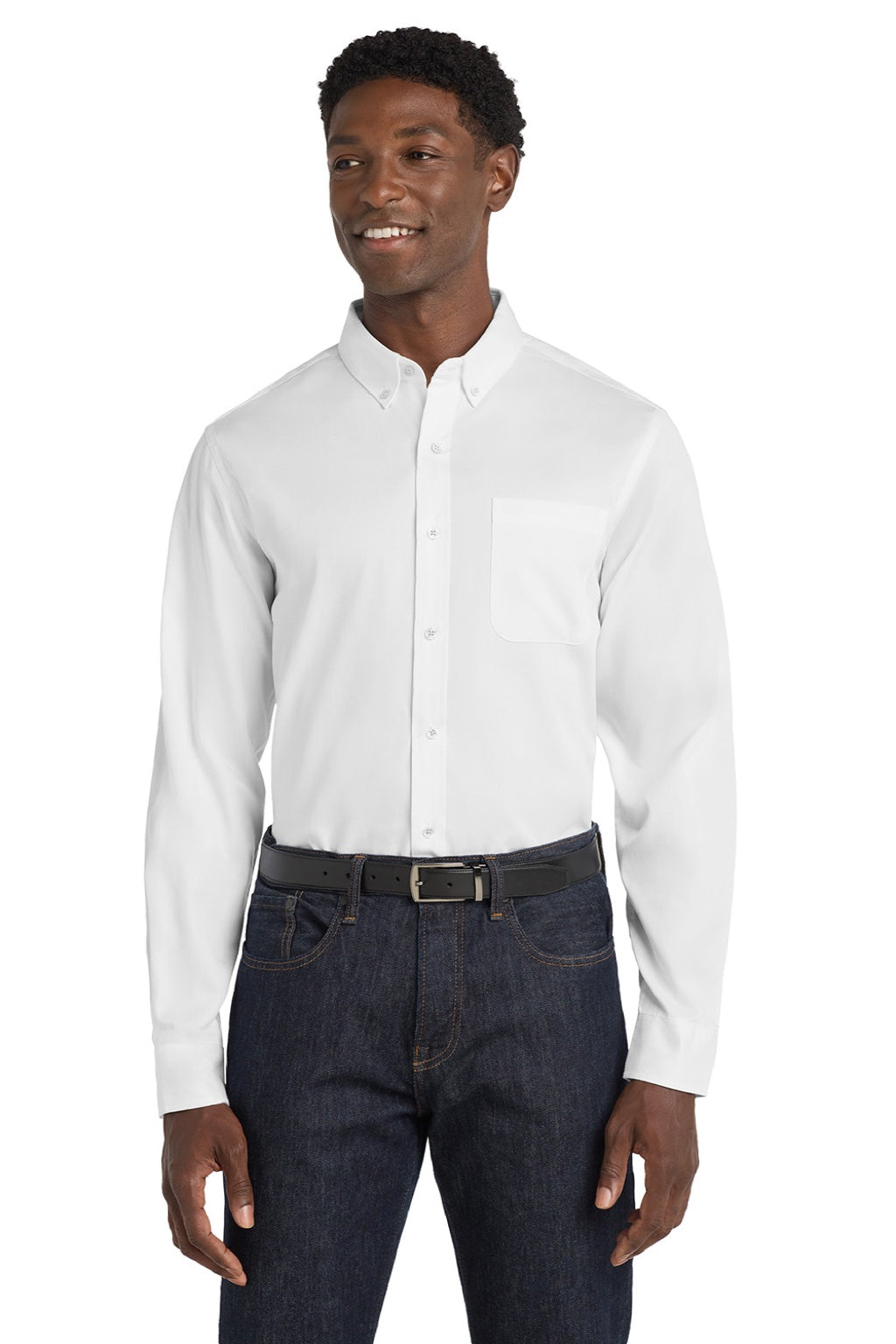 Port Authority W808 Mens SuperPro Wrinkle Resistant React Long Sleeve Button Down Shirt w/ Pocket White Model Front