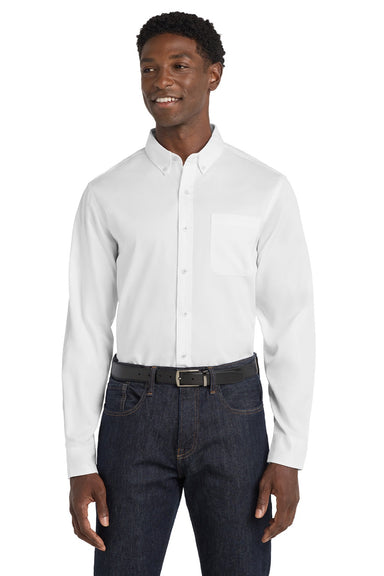 Port Authority W808 Mens SuperPro Wrinkle Resistant React Long Sleeve Button Down Shirt w/ Pocket White Model Front