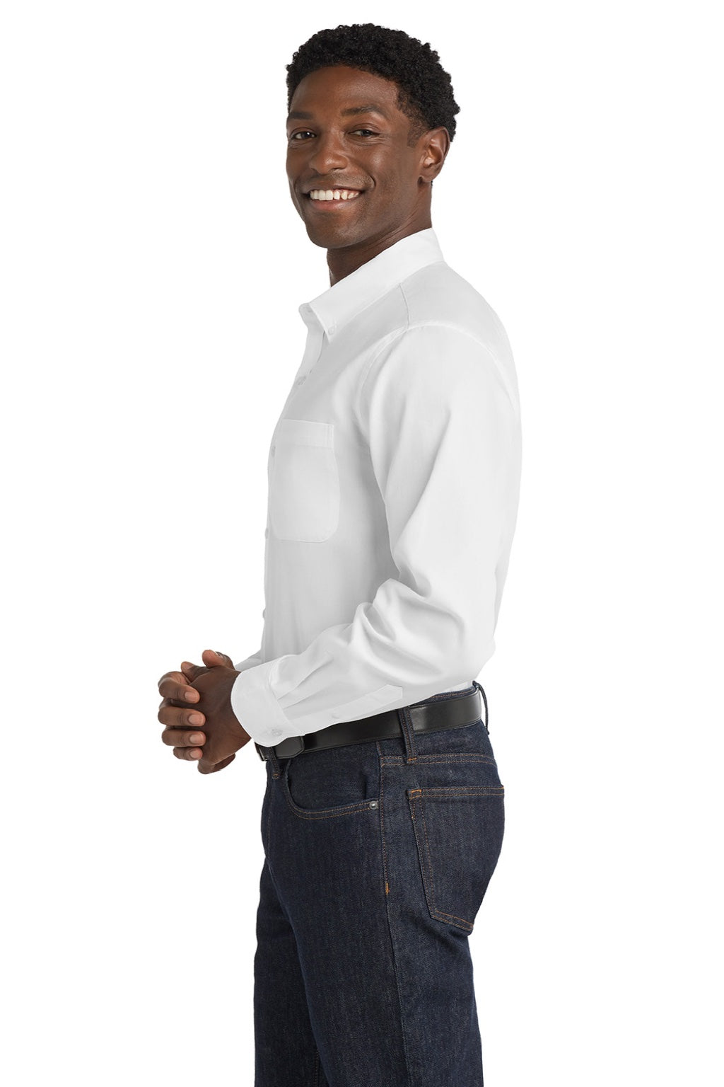 Port Authority W808 Mens SuperPro Wrinkle Resistant React Long Sleeve Button Down Shirt w/ Pocket White Model Side